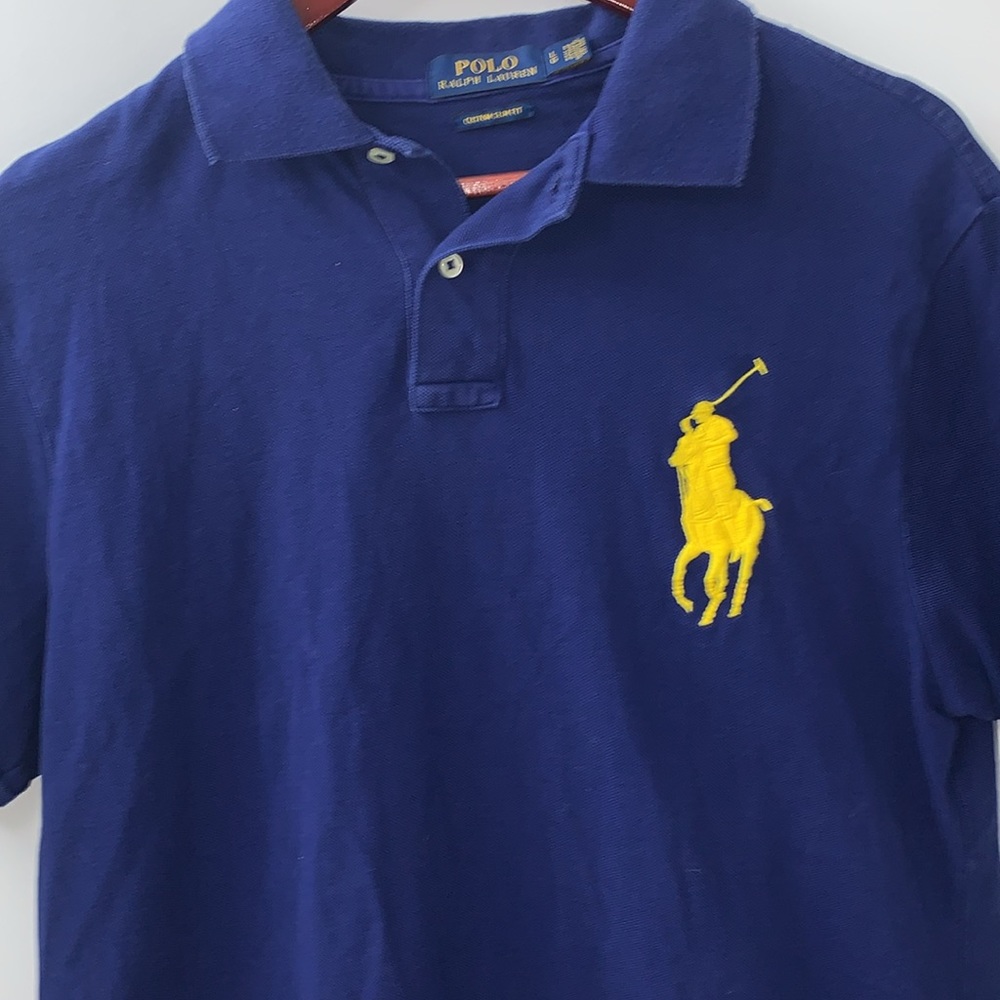 Polo by Ralph Lauren size large slim fit polo shirt blue w/large horse logo VGUC - Picture 1 of 15